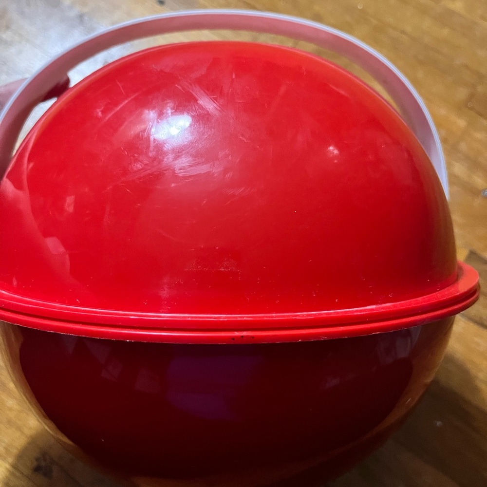 Vintage 60s Red Retro Round Plastic Picnic Party Ball with Handle